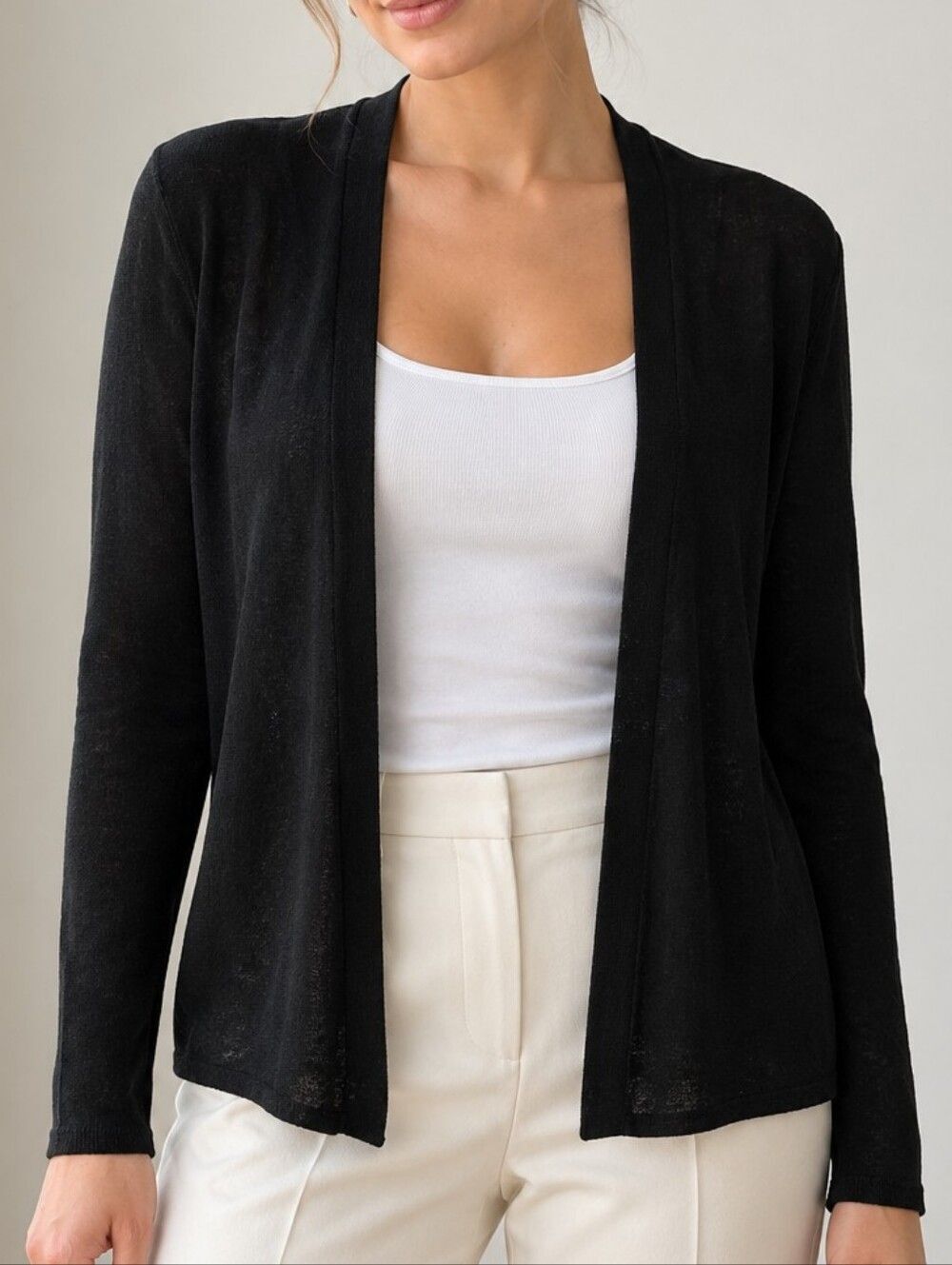 Eileen Fisher Black Viscose Nylon Cardigan S Open Tight Knit L/S Lightweight